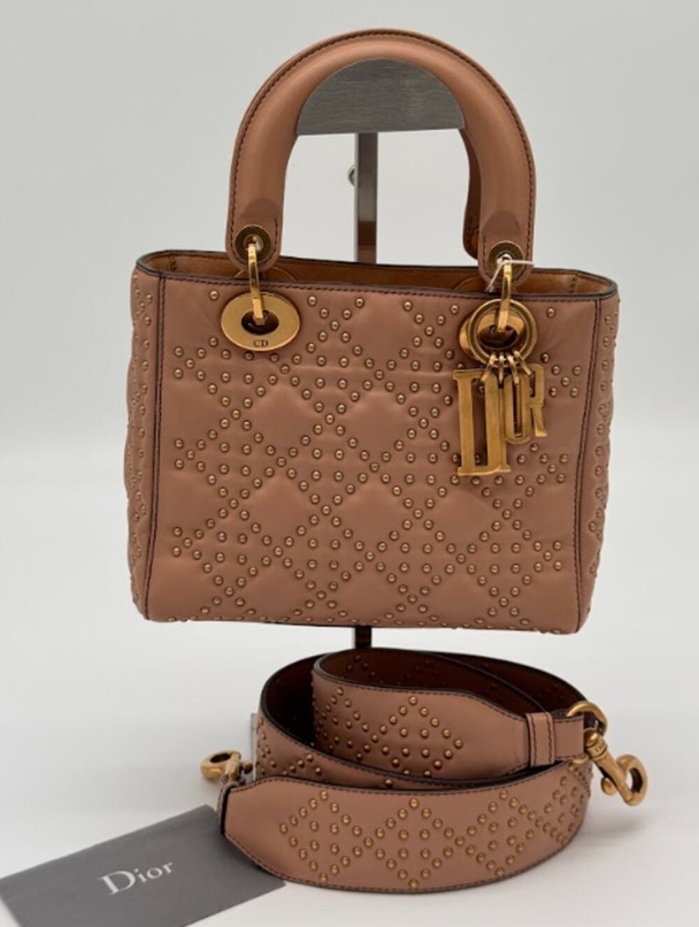 Christian Dior Medium Supple Lady Dior Tan Studded Calfskin Bag